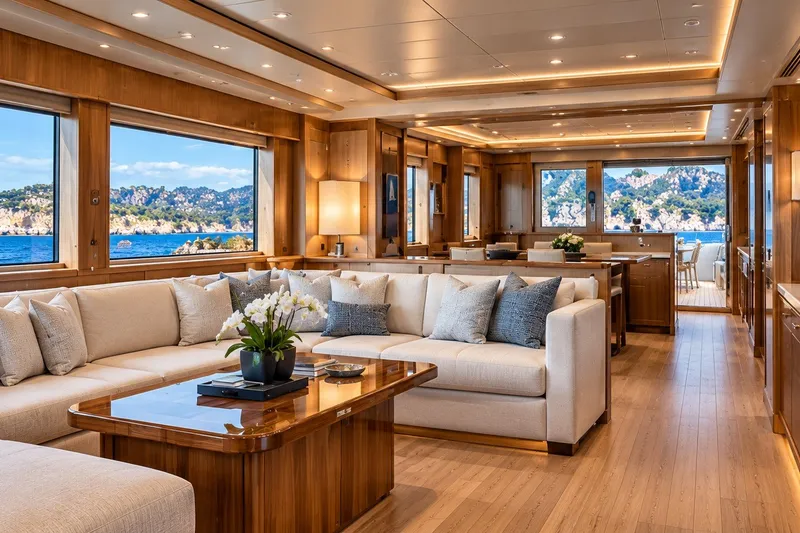 Slide: The Image of Luxurious interior of 2026 Monarch 66 Dauntless yacht with elegant seating and ocean views. - 2