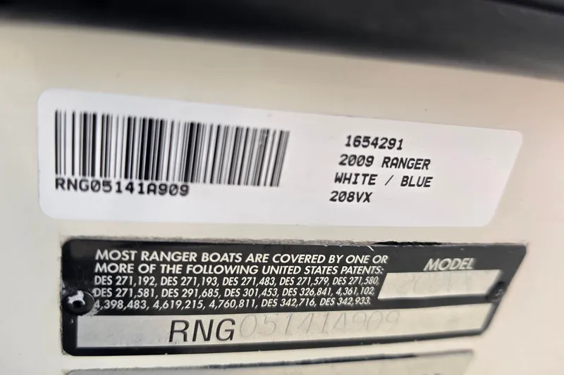Slide: The Image of 2009 Ranger 208 VX boat label with barcode and patent information. - 17