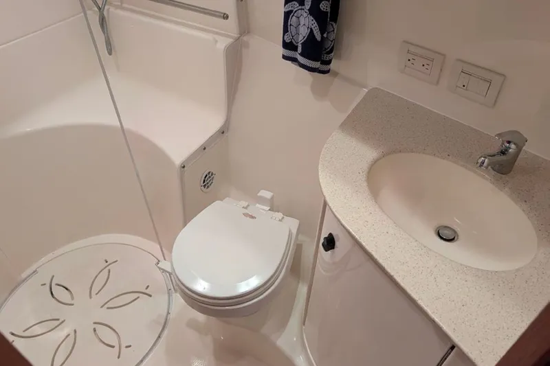 Slide: The Image of Bathroom interior of 2006 Tiara Yachts 3900 Convertible, featuring shower, toilet, and sink. - 22