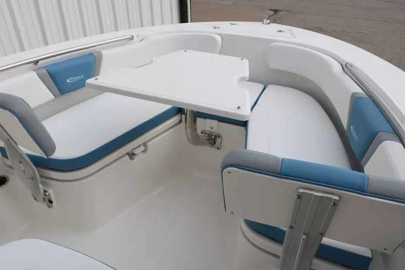 Slide: The Image of The 2027 Robalo R200 Center Console features white and blue seating with a table. - 37