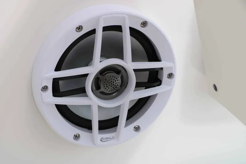 Slide: The Image of Close-up of a white speaker with a protective grille on a boat. - 46