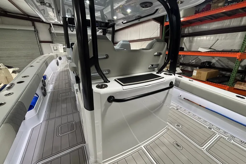 Slide: The Image of Interior view of a 2025 Freeman 38 boat, showcasing sleek design and modern features. - 16