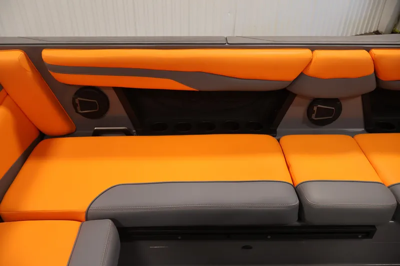 Slide: The Image of Orange and gray seating in 2025 Axis T250 boat interior. - 32