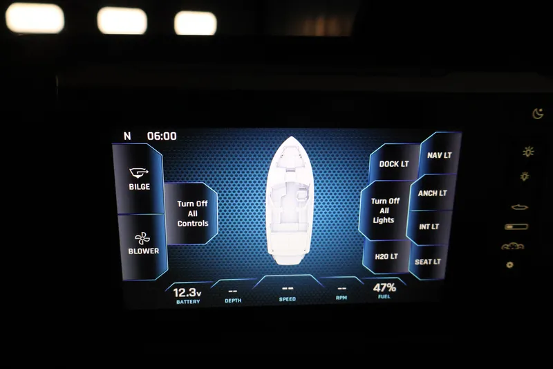 Slide: The Image of Touchscreen control panel of Axis T250 boat, displaying navigation and system settings. - 23