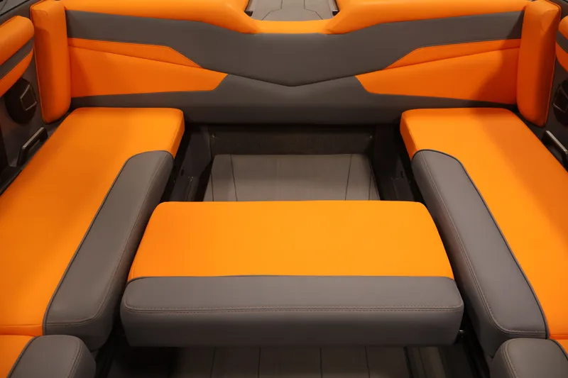 Slide: The Image of Orange and gray seating in 2025 Axis T250 boat interior. - 40