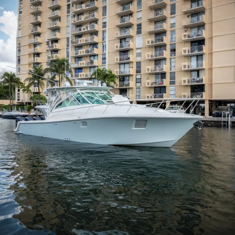The Image of 2011 SeaVee 430 Sport Express boat docked near waterfront apartments. - 0