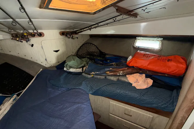 Slide: The Image of 1971 Bertram 35 Sport Fisherman cabin interior with fishing gear and bedding. - 27