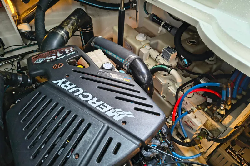 Slide: The Image of Engine compartment of a 2006 Sea Ray 340 Sundancer with Mercury 8.1S motor. - 28