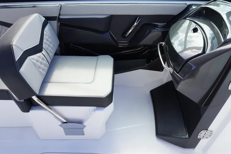 Slide: The Image of Interior of 2026 Monterey 255SS Super Sport boat with sleek seating and modern design. - 26