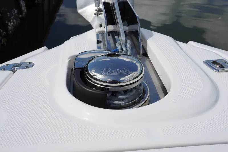 Slide: The Image of Bow anchor system on 2026 Monterey 255SS Super Sport boat, featuring a sleek chrome finish. - 33