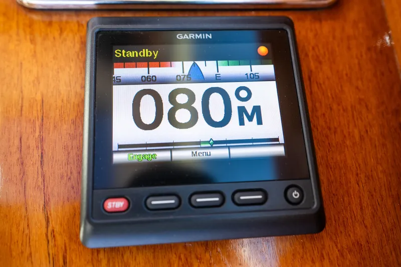 Slide: The Image of Garmin navigation display on 2017 Hinckley Picnic Boat 37 MKIII, showing 080 meters. - 30
