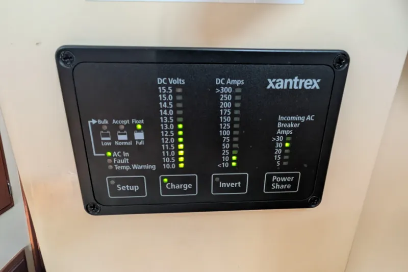 Slide: The Image of Xantrex power panel on 1995 Nordic Tug 26, displaying DC volts and amps. - 30