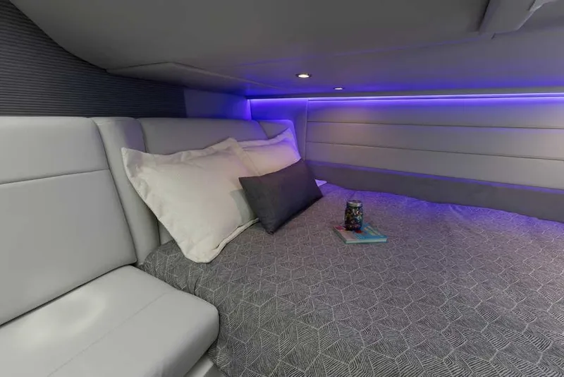 Slide: The Image of Luxurious cabin interior of 2027 Formula 360 Super Sport Crossover with ambient lighting. - 42