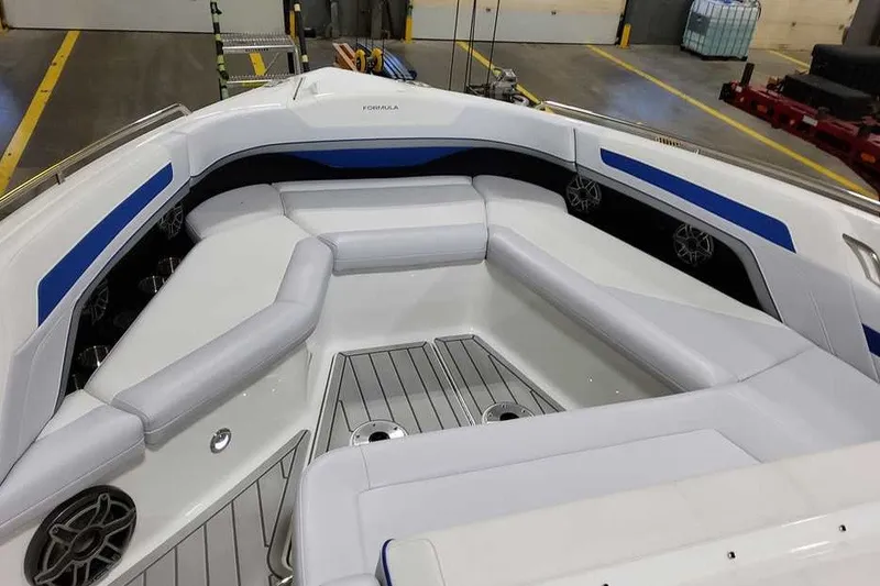 Slide: The Image of 2027 Formula 360 Super Sport Crossover boat interior with sleek seating and modern design. - 29