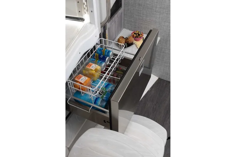 Slide: The Image of Pull-out drawer fridge in 2027 Formula 360 Super Sport Crossover, stocked with drinks and snacks. - 40