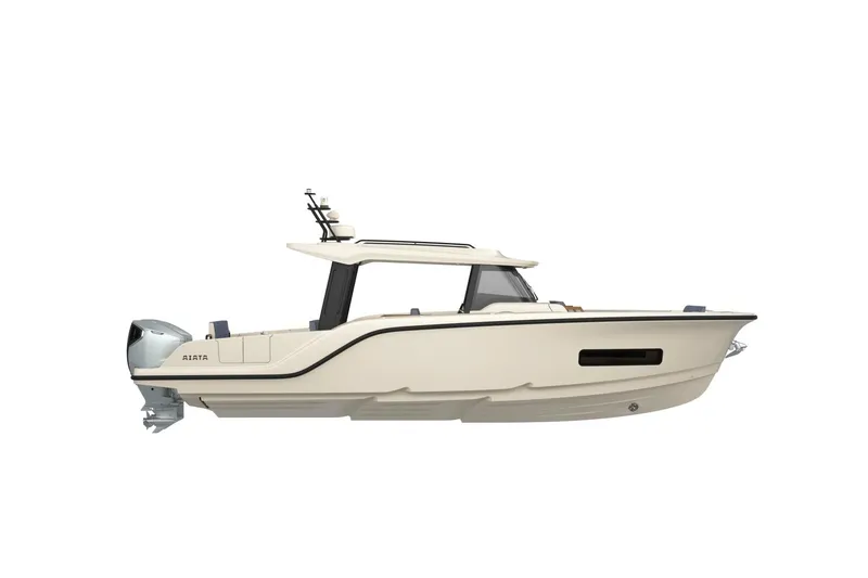 Slide: The Image of 2026 Aiata Sunfinder 38 boat, sleek design, side view, outboard motor, modern features. - 13