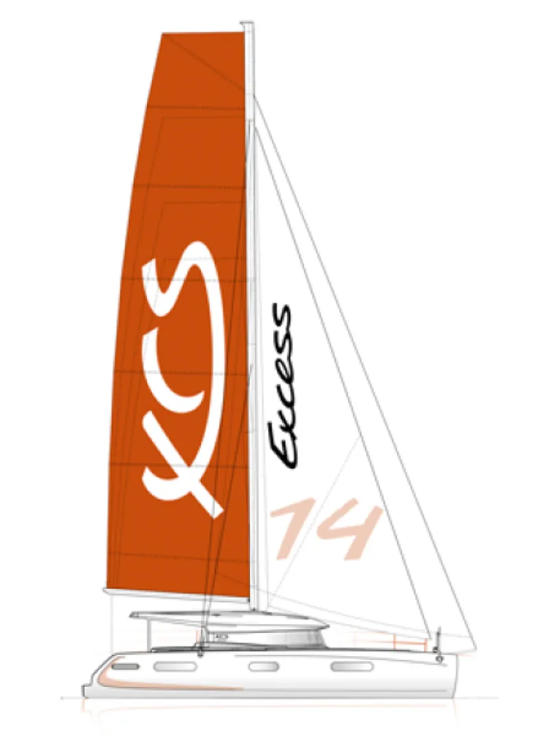 Slide: The Image of Excess 14 This new sailplan features a lowered boom designed to maximize sail area.  The mainsail is a square-top design and the mast is set forward. A 115% genoa comes standard to optimize the sail area to displacement ratio. - 3232839
