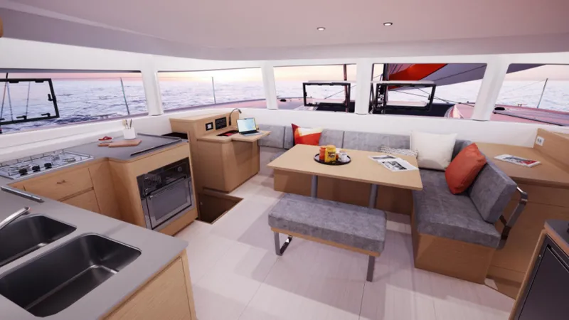 Slide: The Image of Excess 14 The fresh atmosphere of the salon opens directly to the cockpit via sliding glass doors.  Consistent with the other Excess models, this catamaran is customizable with carefully designed options for different interior ambiances including color schemes and  - 3450137