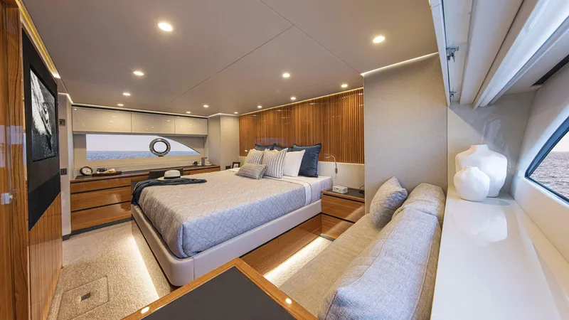 Slide: The Image of Riviera 78 Motor Yacht Master Stateroom 01 Gloss Teak Timber Finish - 3944912