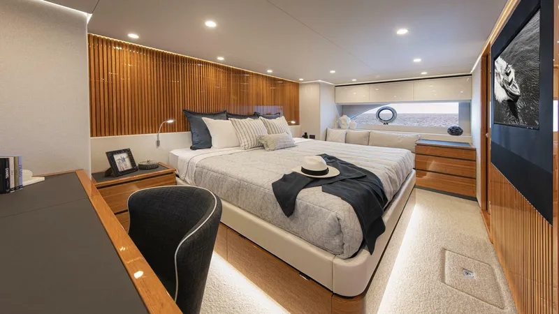 Slide: The Image of Riviera 78 Motor Yacht Master Stateroom 04 Gloss Teak Timber Finish - 3944910