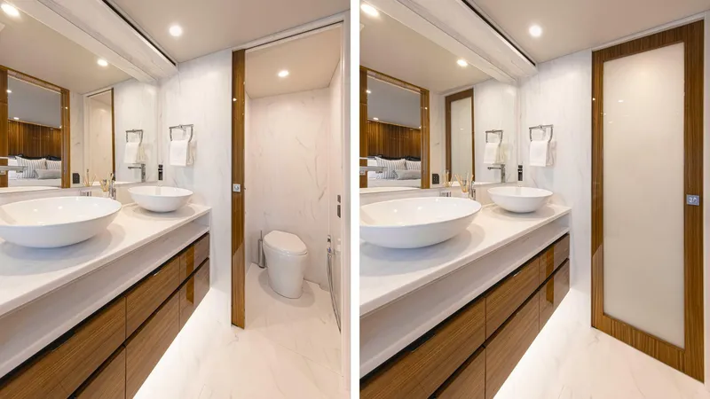 Slide: The Image of Riviera 78 Motor Yacht Master Ensuite Split 04 Gloss Teak Timber Finish - 3944899