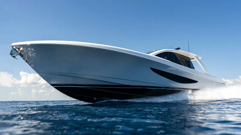 Slide: The Image of Dynamic Bow View at Sea - Valhalla 55 Sport Yacht The NEW Valhalla Boatworks 55 SY showcases a sleek and powerful bow cutting through the water, epitomizing speed and elegance. The vessel's streamlined design and advanced hull technology ensure optimal performance and stability. Its striking silhouette a - 6332946