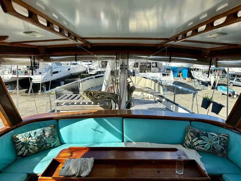 Slide: The Image of 72 ft Custom 1978 Don Brooke Ketch/Motorsailer MONSOON Monsoon is a 1978 large ocean-going cruising ketch that was professionally designed and built and is well equipped for the most demanding of open ocean voyages and has made three Pacific Ocean crossings.  

She carries all furling sails, a 185 horsepower  - 4863254