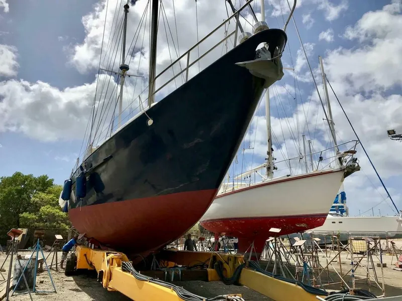 Slide: The Image of 72 ft Custom 1978 Don Brooke Ketch/Motorsailer MONSOON Monsoon is a 1978 large ocean-going cruising ketch that was professionally designed and built and is well equipped for the most demanding of open ocean voyages and has made three Pacific Ocean crossings.  

She carries all furling sails, a 185 horsepower  - 4863290