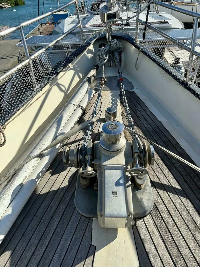 Slide: The Image of 72 ft Custom 1978 Don Brooke Ketch/Motorsailer MONSOON Monsoon is a 1978 large ocean-going cruising ketch that was professionally designed and built and is well equipped for the most demanding of open ocean voyages and has made three Pacific Ocean crossings.  

She carries all furling sails, a 185 horsepower  - 4863266