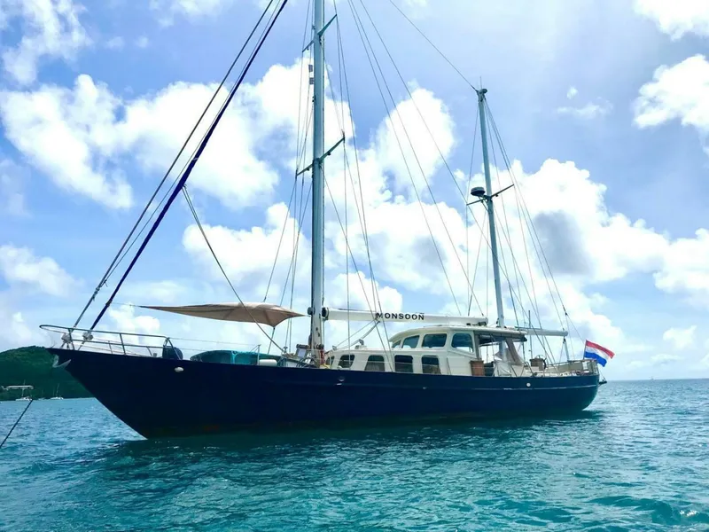 Slide: The Image of 72 ft Custom 1978 Don Brooke Ketch/Motorsailer MONSOON Monsoon is a 1978 large ocean-going cruising ketch that was professionally designed and built and is well equipped for the most demanding of open ocean voyages and has made three Pacific Ocean crossings.  

She carries all furling sails, a 185 horsepower  - 4863284