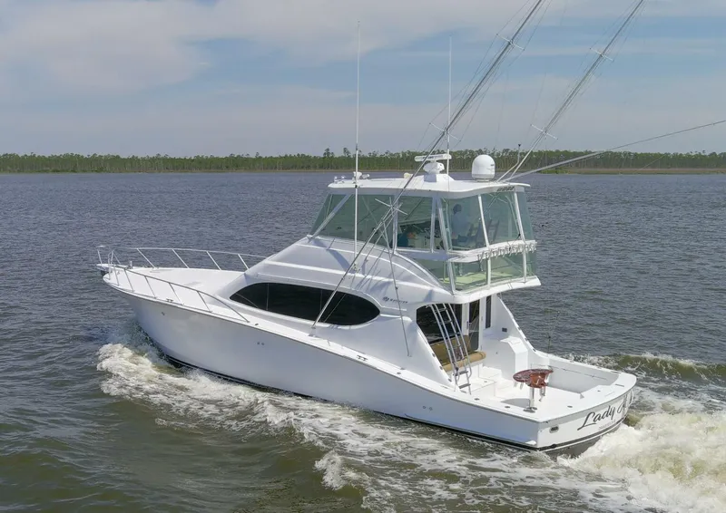 Slide: The Image of 2008 54 Hatteras 54 Convertible Lady A Port Profile Aft (1) - 5454864