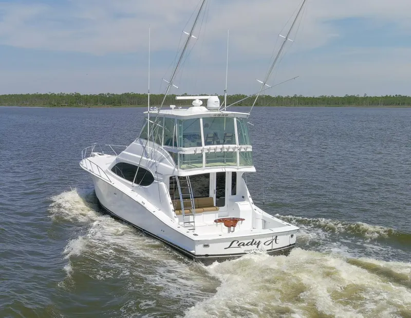 Slide: The Image of 2008 54 Hatteras 54 Convertible Lady A Port Profile Aft (2) - 5454865