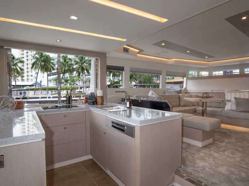 Slide: The Image of Alva OE 54 Galley Work Area Ocean Eco 54 galley workspace with Bosch cooktop, oven, and cabinetry - 5603800