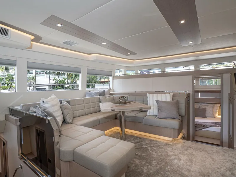 Slide: The Image of Alva OE 54 Salon Overview Ocean Eco 54 open-plan salon with lounge, helm, and panoramic views - 5603805