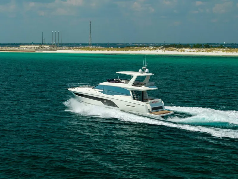 Slide: The Image of 2019 Prestige 590 Fly 'New Heart' - Profile Port 3/4 Stern - 5681174