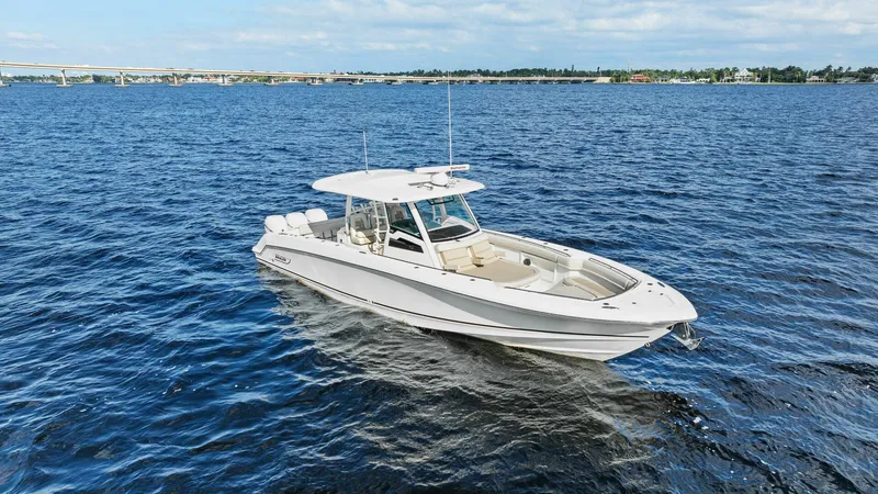 Slide: The Image of 2019 Boston Whaler 380 Outrage 'Lima Kilo' - Profile Bow 3/4 Starboard  - 5788006