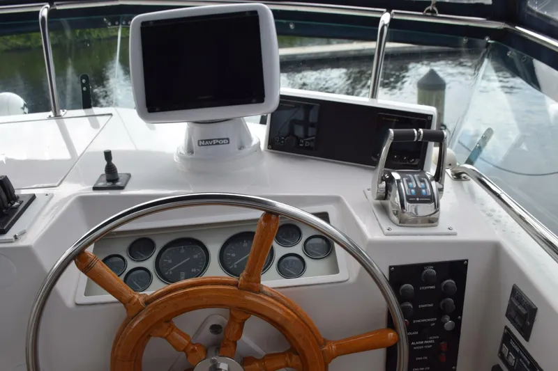 Slide: The Image of Flybridge helm with Garmin display on pod, electric control binnacle and analog gauges - 5805821