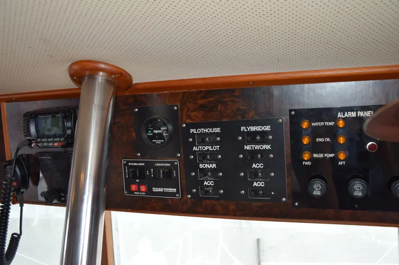 Slide: The Image of Above the lower helm, alarm panel, breaker switches for electronics, stabilizer control panel, and engine room fire monitor - 5805859