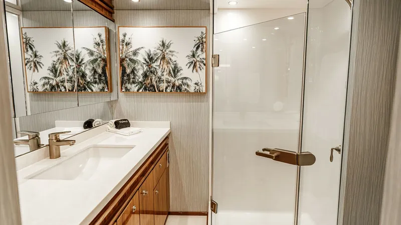 Slide: The Image of Luxurious Master Head This elegant ensuite bathroom on the Viking 80 Skybridge features a sleek glass-enclosed shower and a spacious vanity with a polished countertop. The rich wood cabinetry adds warmth, while mirrored panels and recessed lighting create a bright, open ambian - 6478721
