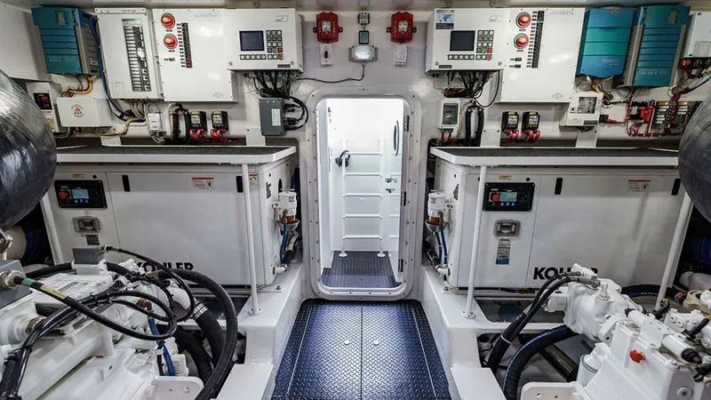 Slide: The Image of Engine Room with Advanced Systems The engine room of the 2019 Viking 80 Skybridge, 'PARTY OF FIVE,' showcases a meticulously organized space equipped with Kohler generators. The area features advanced control panels and a clean, well-lit environment, emphasizing functionality and ease of - 6478751