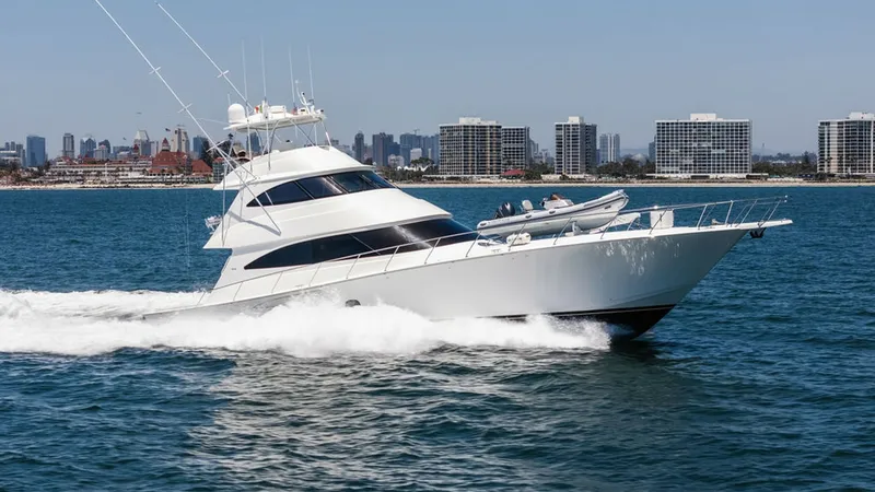 Slide: The Image of Viking 80 Skybridge Cruising Profile The 2019 Viking 80 Skybridge, 'PARTY OF FIVE', elegantly glides across the water, showcasing its sleek and powerful design. The vessel's robust hull and smooth lines emphasize its superior craftsmanship and performance capabilities. With a spacious flybri - 6478778