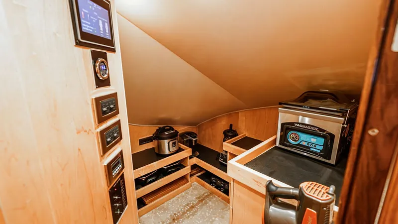 Slide: The Image of Utility Room with Storage and Appliances This utility room on the 2019 Viking 80 Skybridge offers ample storage and essential appliances, including a vacuum sealer and pressure cooker. The warm wood cabinetry provides a sleek and organized space, while the overhead lighting ensures functionality - 6478714