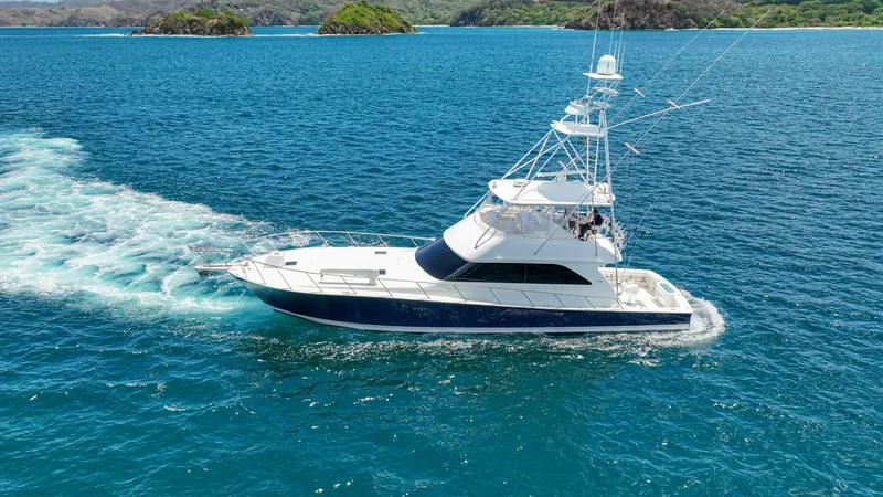Slide: The Image of Profile View Cruising at Sea The 2005 Viking 61 Convertible 'Honey Girl' is captured in a stunning profile view, showcasing its sleek lines and robust design. The vessel glides effortlessly through the vibrant blue waters, with the tower and outriggers prominently visible, highlighti - 6449591