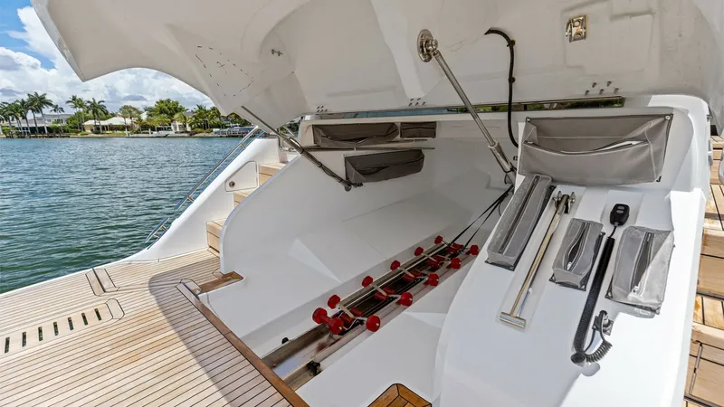 Slide: The Image of Cockpit Tender Garage and Storage The 2026 PRINCESS V55 features a spacious aft garage, perfect for storing a tender or jet ski. The hydraulic lift system ensures easy access and secure storage, while the teak decking adds a touch of elegance. This area exemplifies the yacht's combination - 6312372