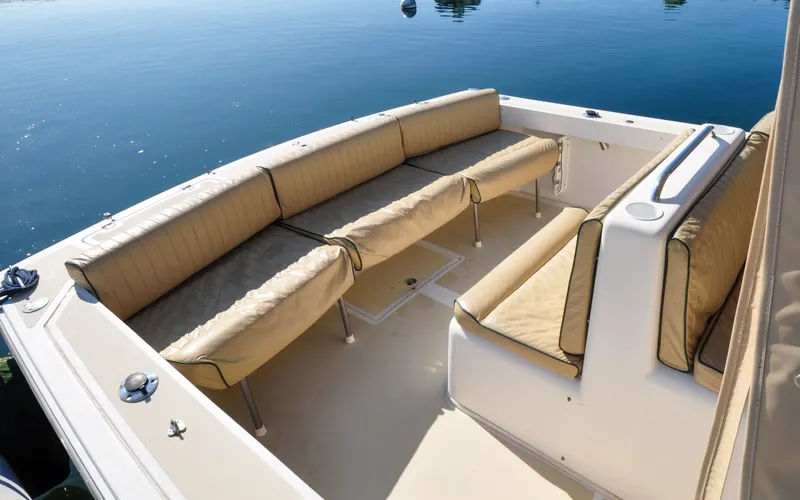Slide: The Image of Hunt Surfhunter 29 - Judith Ann 2005 Hunt Yachts Surfhunter 29 with beige seating, docked on calm water. - 6302539