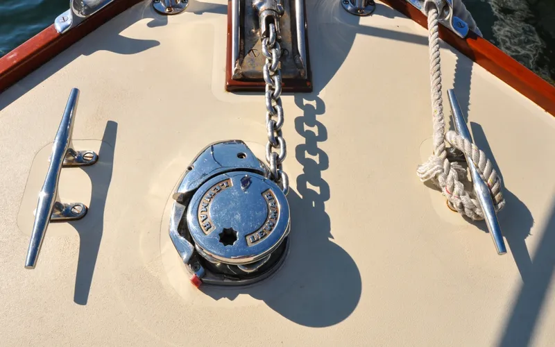 Slide: The Image of 1958 Bunker and Ellis 42 | Aleria Bow of 1958 Bunker and Ellis 42 boat with anchor chain and cleats. - 6307472