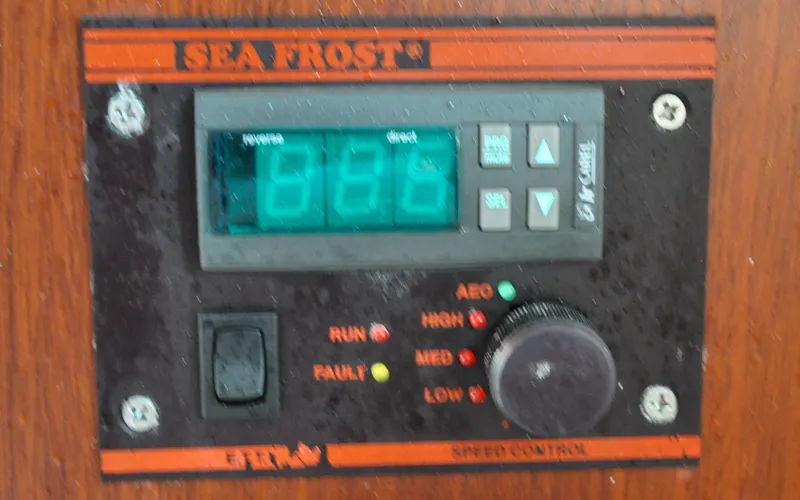 Slide: The Image of 1958 Bunker and Ellis 42 | Aleria Sea Frost control panel on 1958 Bunker and Ellis 42 boat, displaying temperature settings. - 6307530