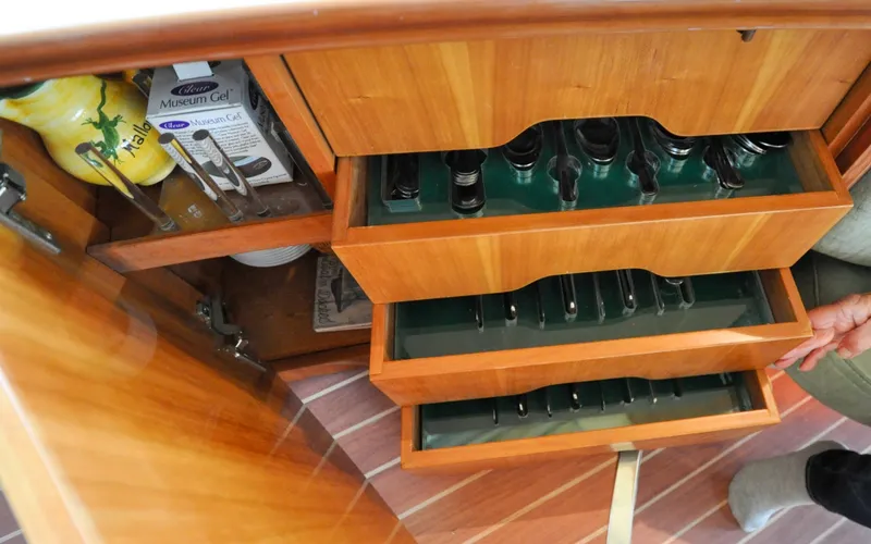 Slide: The Image of 1996 Azimut 54 | Calmati Wooden drawers with cutlery inside a 1996 Azimut Cinquantaquattro yacht kitchen. - 6308984