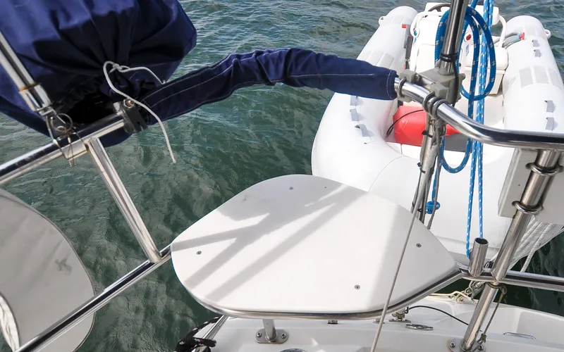 Slide: The Image of 1993 Catalina 42 | Kanga Sailboat deck view with inflatable dinghy, Catalina 42, 1993 model. - 6318872