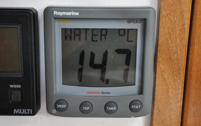 Slide: The Image of 1993 Catalina 42 | Kanga Raymarine ST60 display showing water temperature at 14.7°C on a 1993 Catalina 42. - 6318917